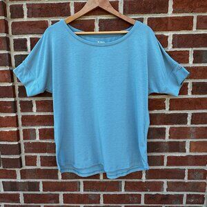 Columbia Easy Does It Tee Womens LG Blue Short Cuffed Dolman Sleeve Curved Hem